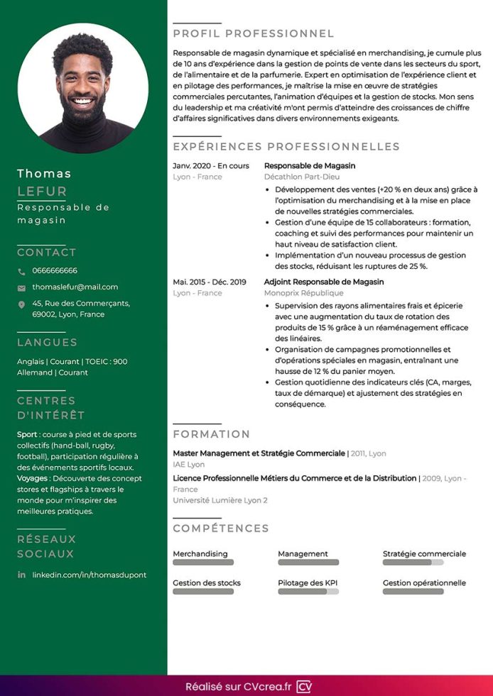 CV Responsable de Magasin : Exemple à Télécharger | CVcrea