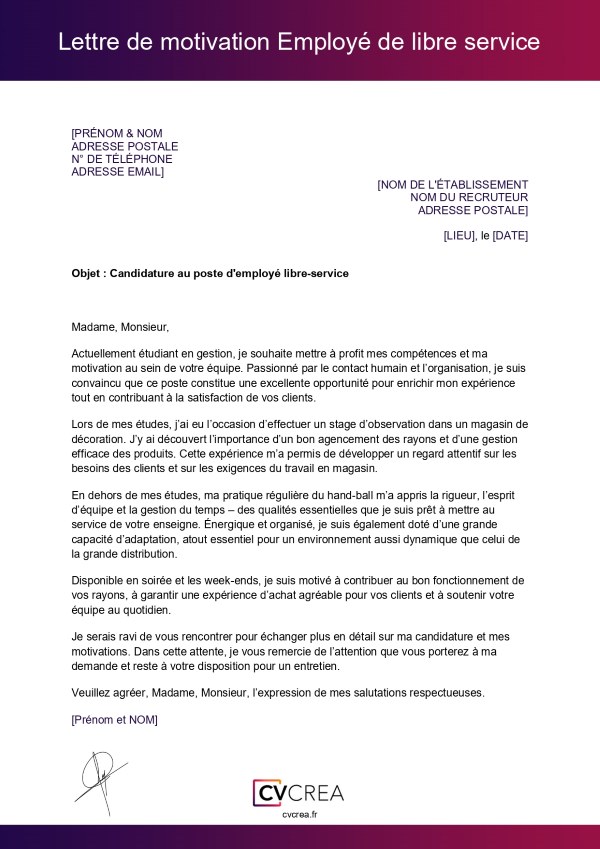lettre de motivation employe libre service