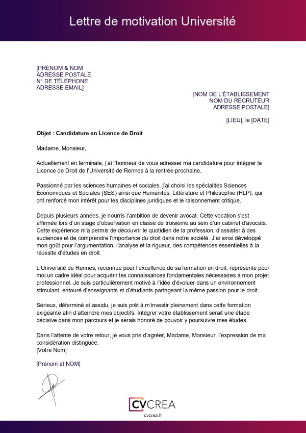 lettre de motivation universite