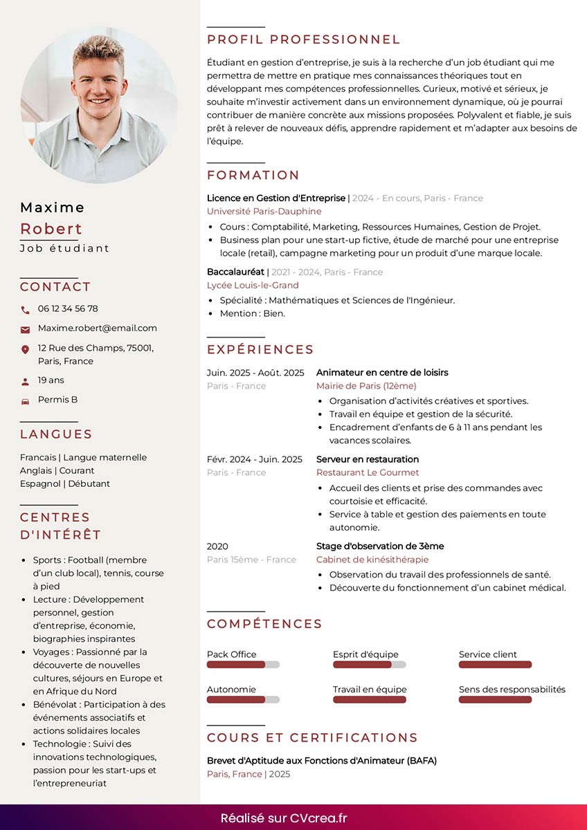 CV étudiant sobre pour une première expérience