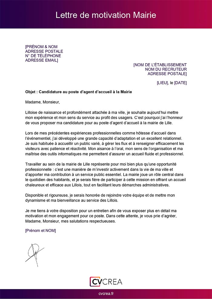 exemple de lettre de motivation mairie
