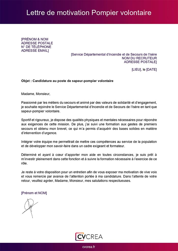 exemple de lettre de motivation pompier volontaire