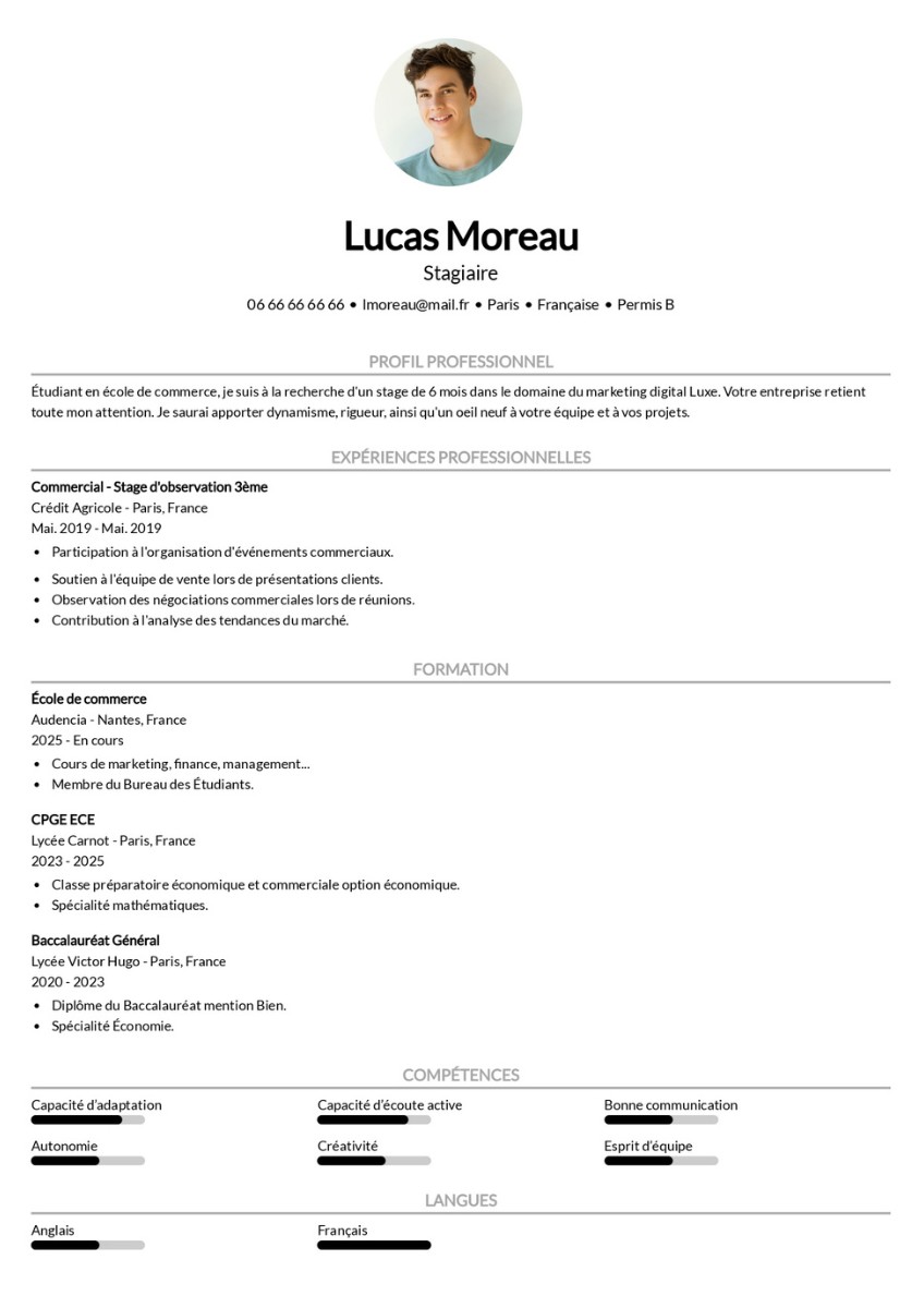 cv simple pour un stage étudiant