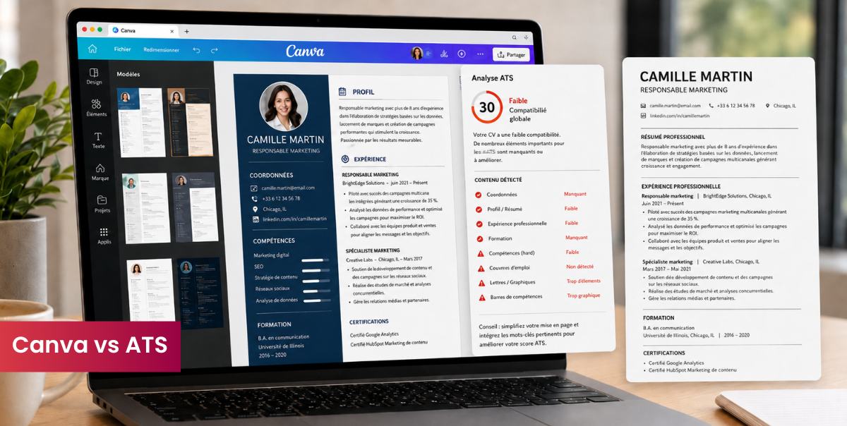 Analyse ATS d’un CV créé sur Canva comparé à un modèle de CV compatible ATS