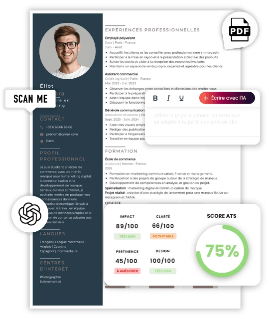 Fonctionnalités CVcrea pour créer un CV avec IA, Job Match et test ATS