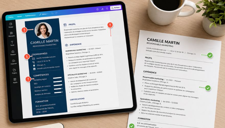 Comparaison entre un CV Canva graphique et un CV plus lisible par les ATS