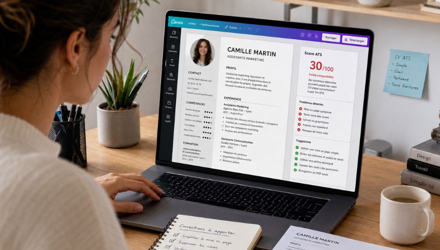 Candidate corrigeant son CV Canva après avoir obtenu un mauvais score ATS
